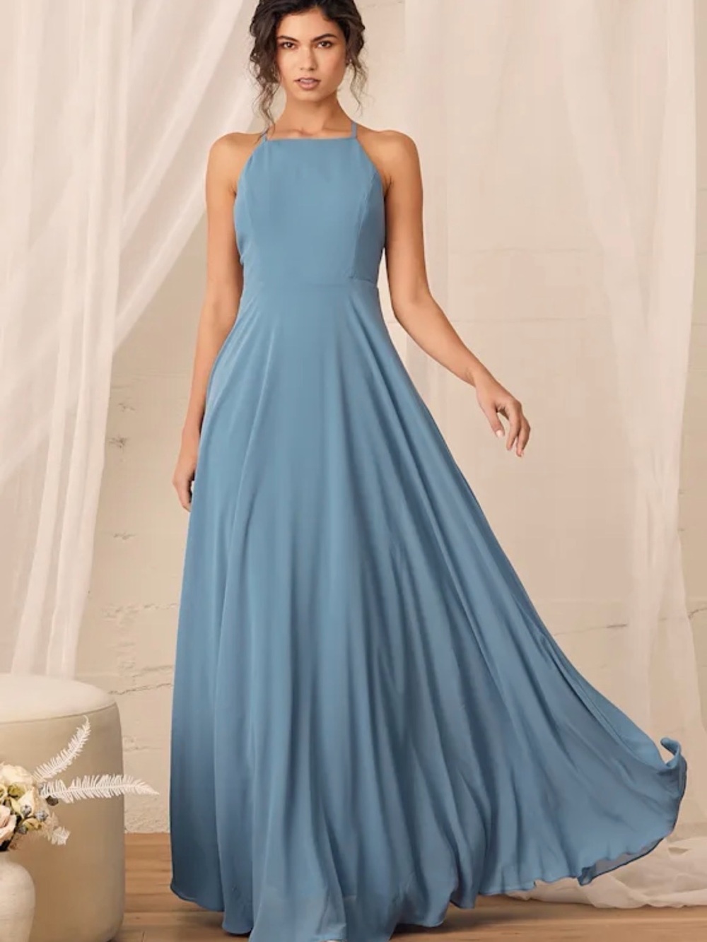Lulu's Dusty Blue Halter Bridesmaid Dress